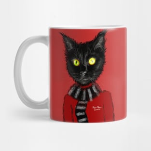 Black cat in a sweater and scarf Mug